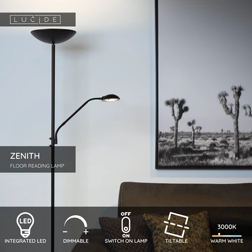 Lucide ZENITH - Floor reading lamp - LED Dim. - 3000K - Black - USP